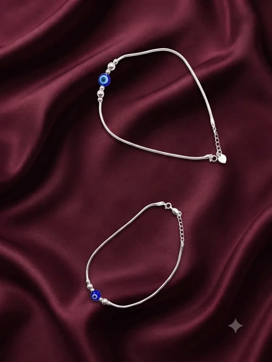 Single Evil Eye Silver Snake-Chain Anklets