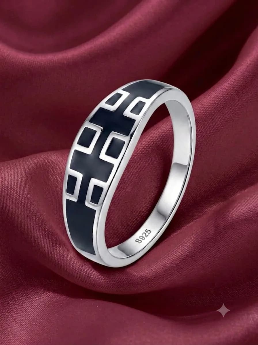 Silver Black Enamel Cross Pattern Band Ring