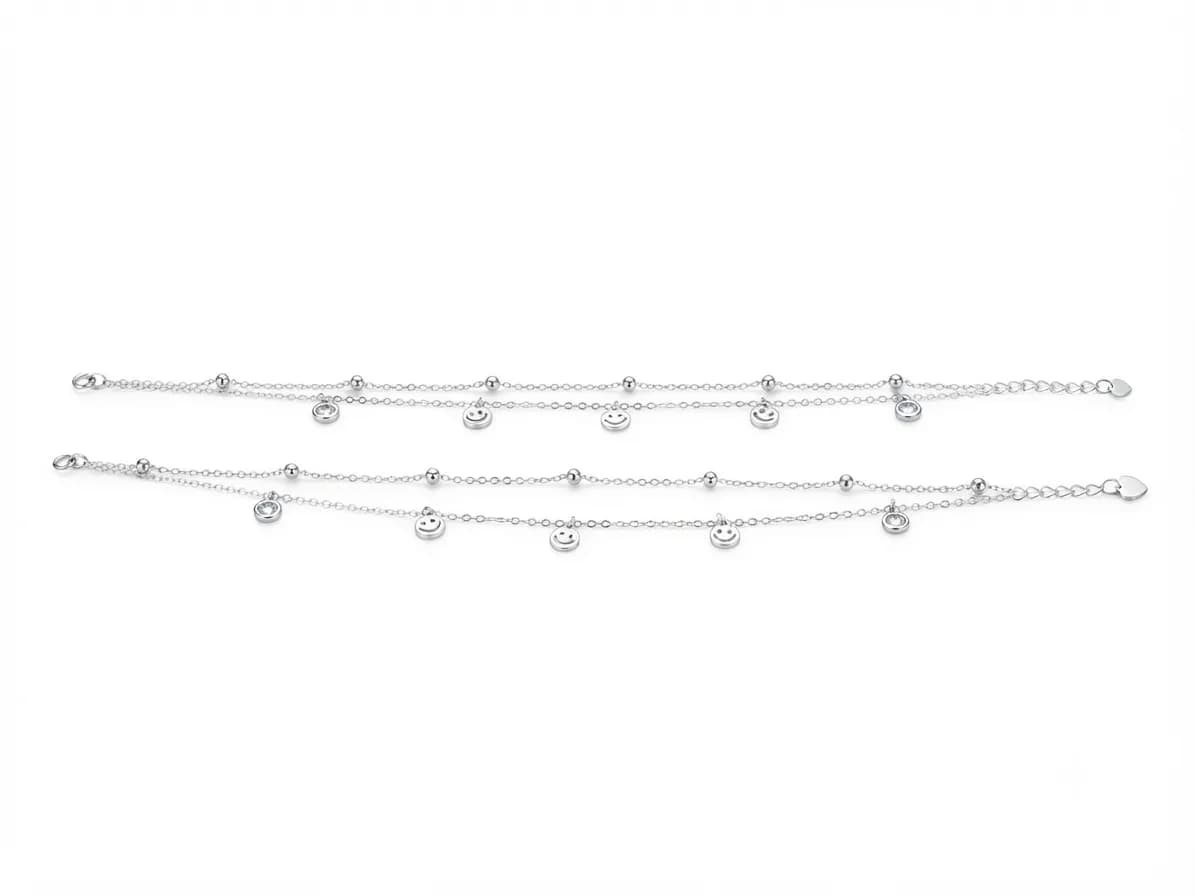 Silver Double-Layer Smiley Charm Anklet