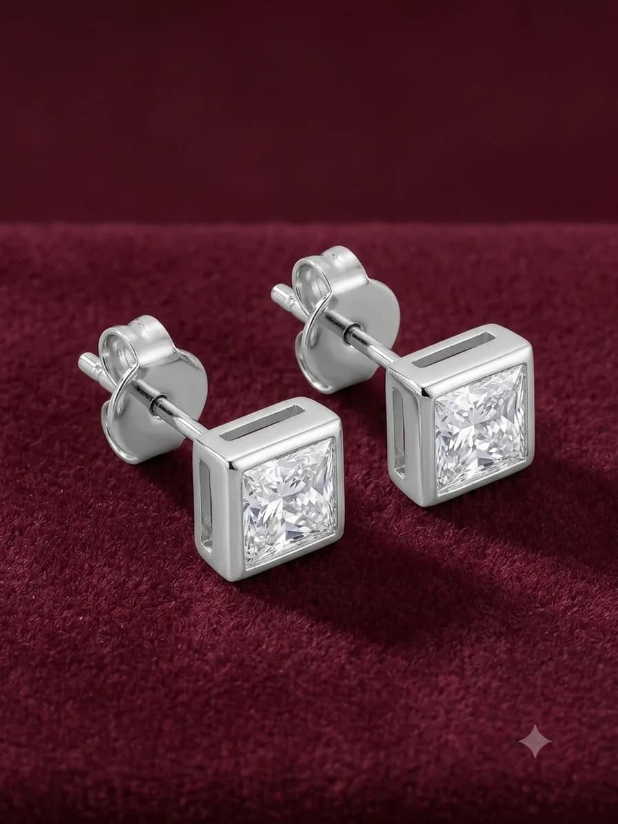 Princess-Cut Bezel Solitaire Stud Earrings