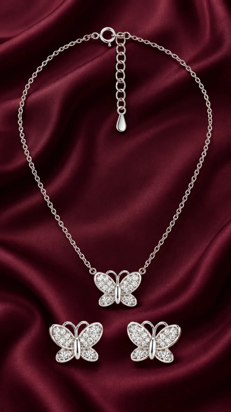 Silver Butterfly Pendant chain with earing