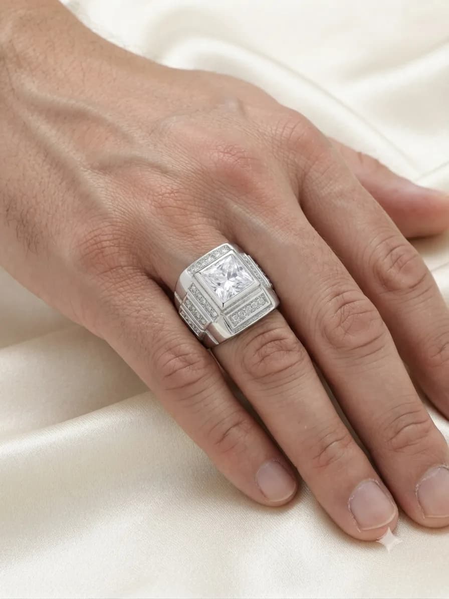 Silver Square CZ Pave Accent Statement Ring