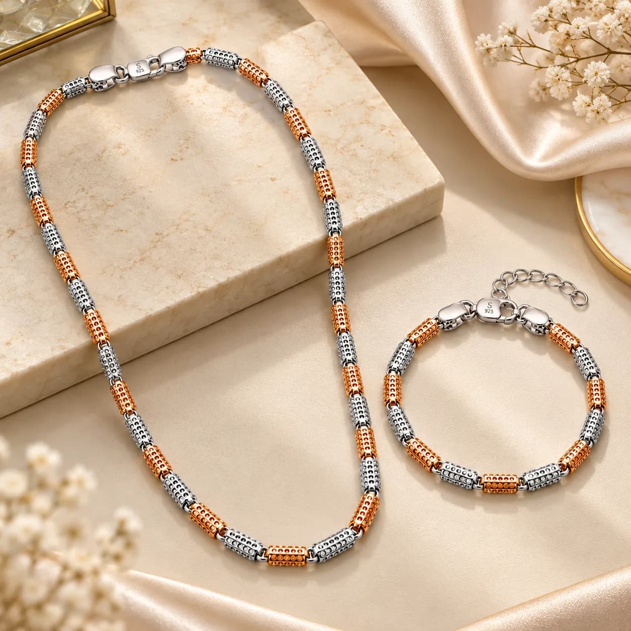 Men’s Two-Tone 925 Sterling Silver Chain & Bracelet Set