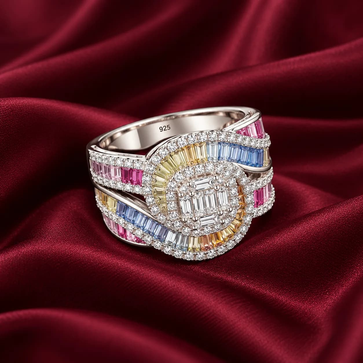 Sterling Silver Multicolor Baguette Statement Ring
