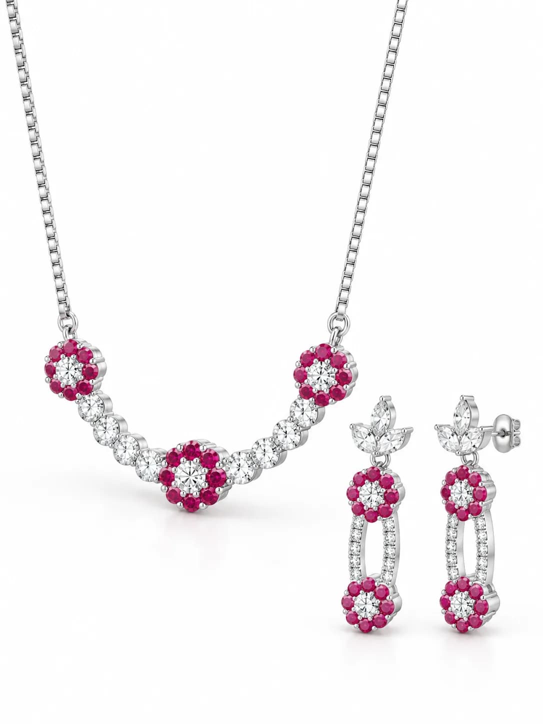 Silver Ruby Bloom Pendant Set