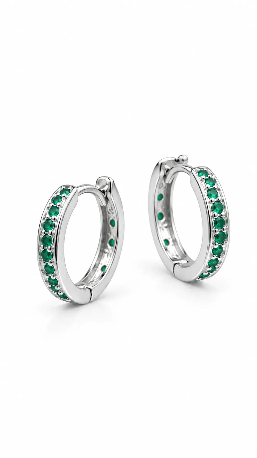 Silver Leaf & Green Stone Mini Hoops