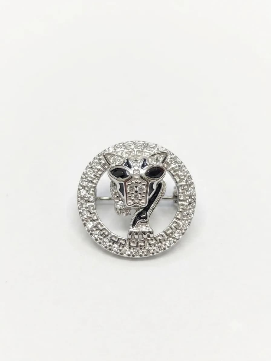 Silver Panther Head Circular Crystal Brooch Pin