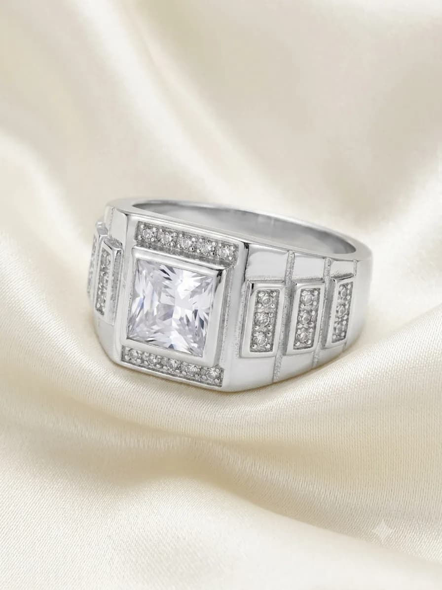 Silver Square CZ Pave Accent Statement Ring