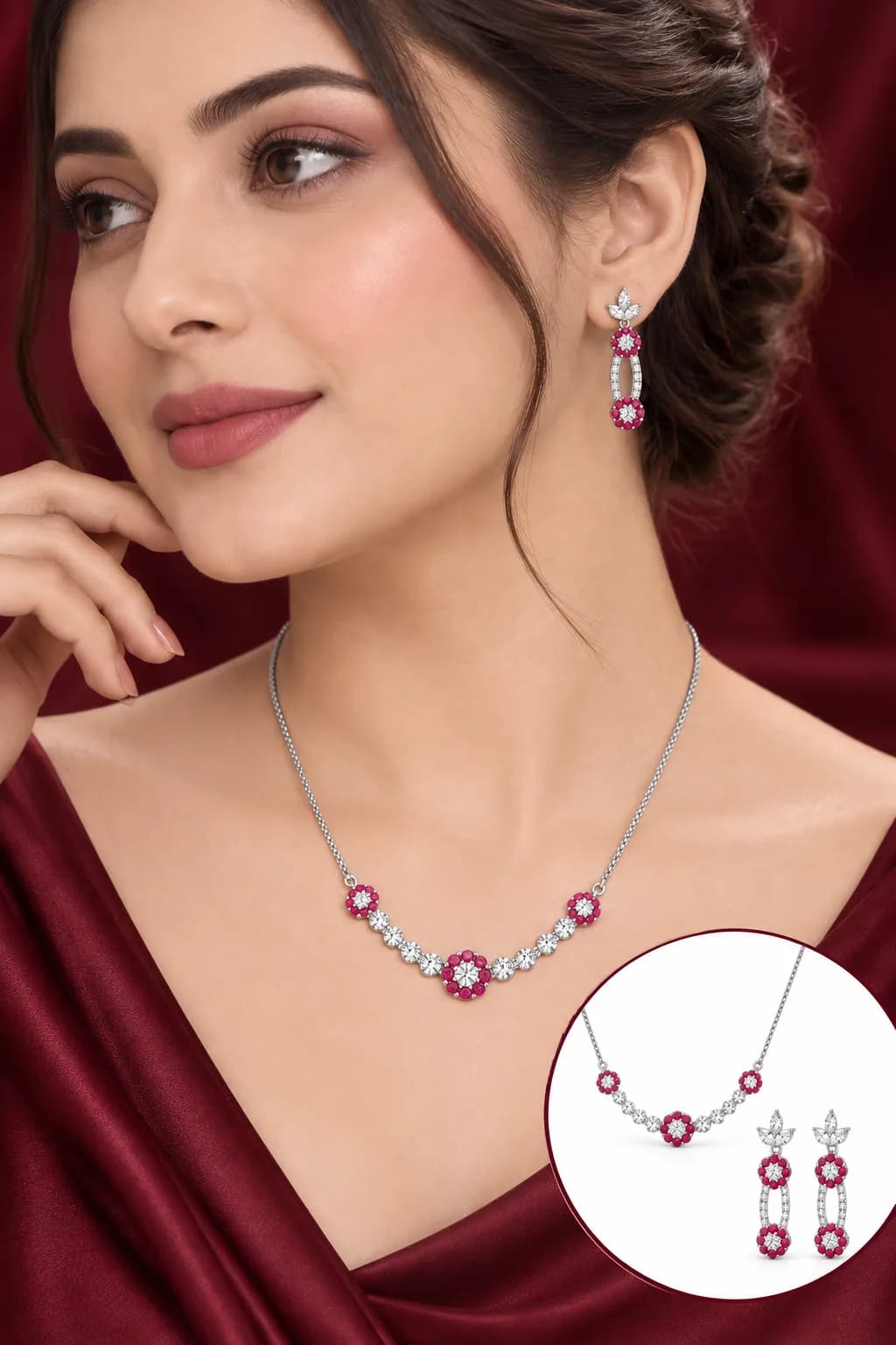Silver Ruby Bloom Pendant Set