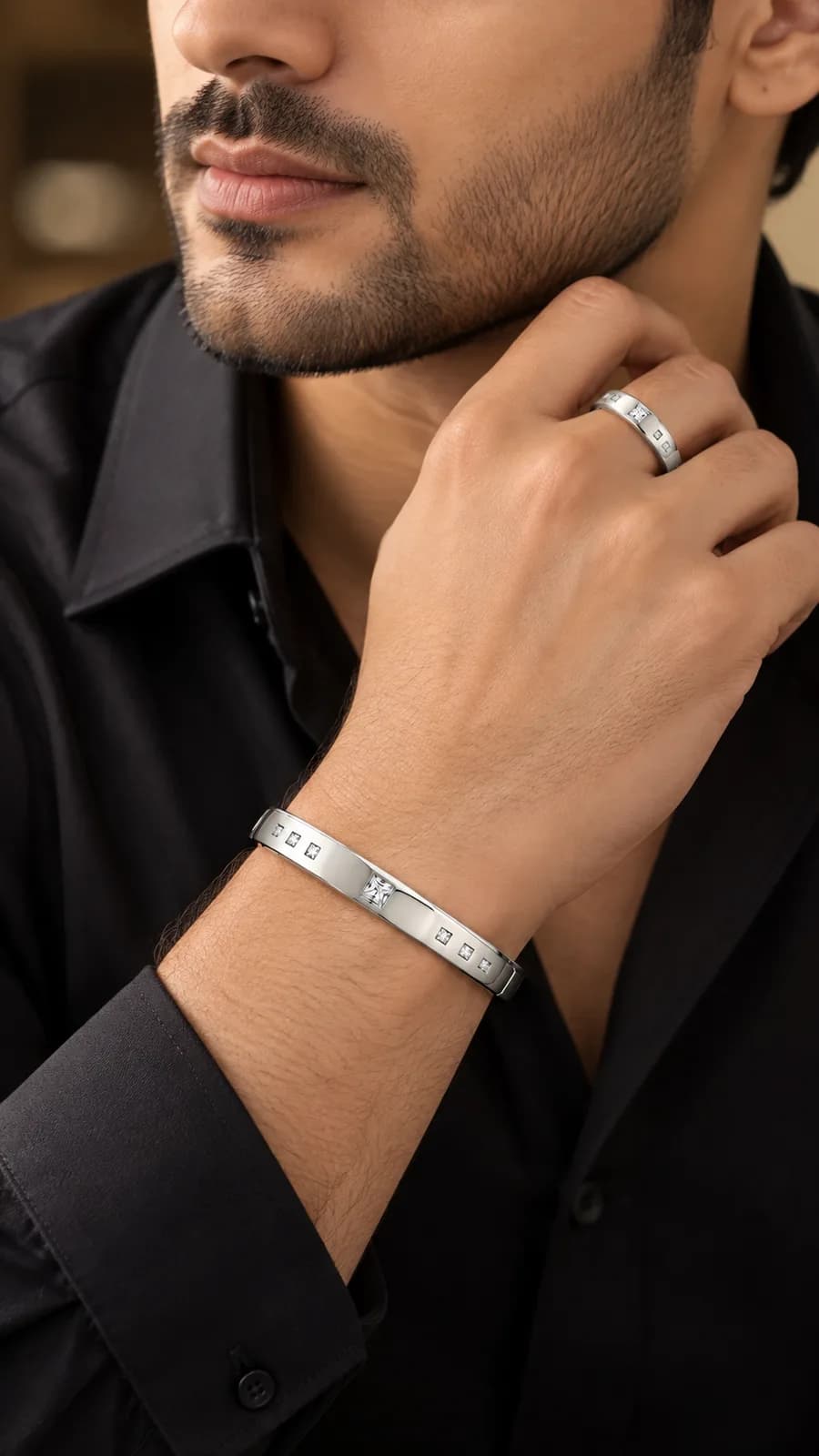 Classic Square-Cut Stonr Silver Bracelet & Ring Set