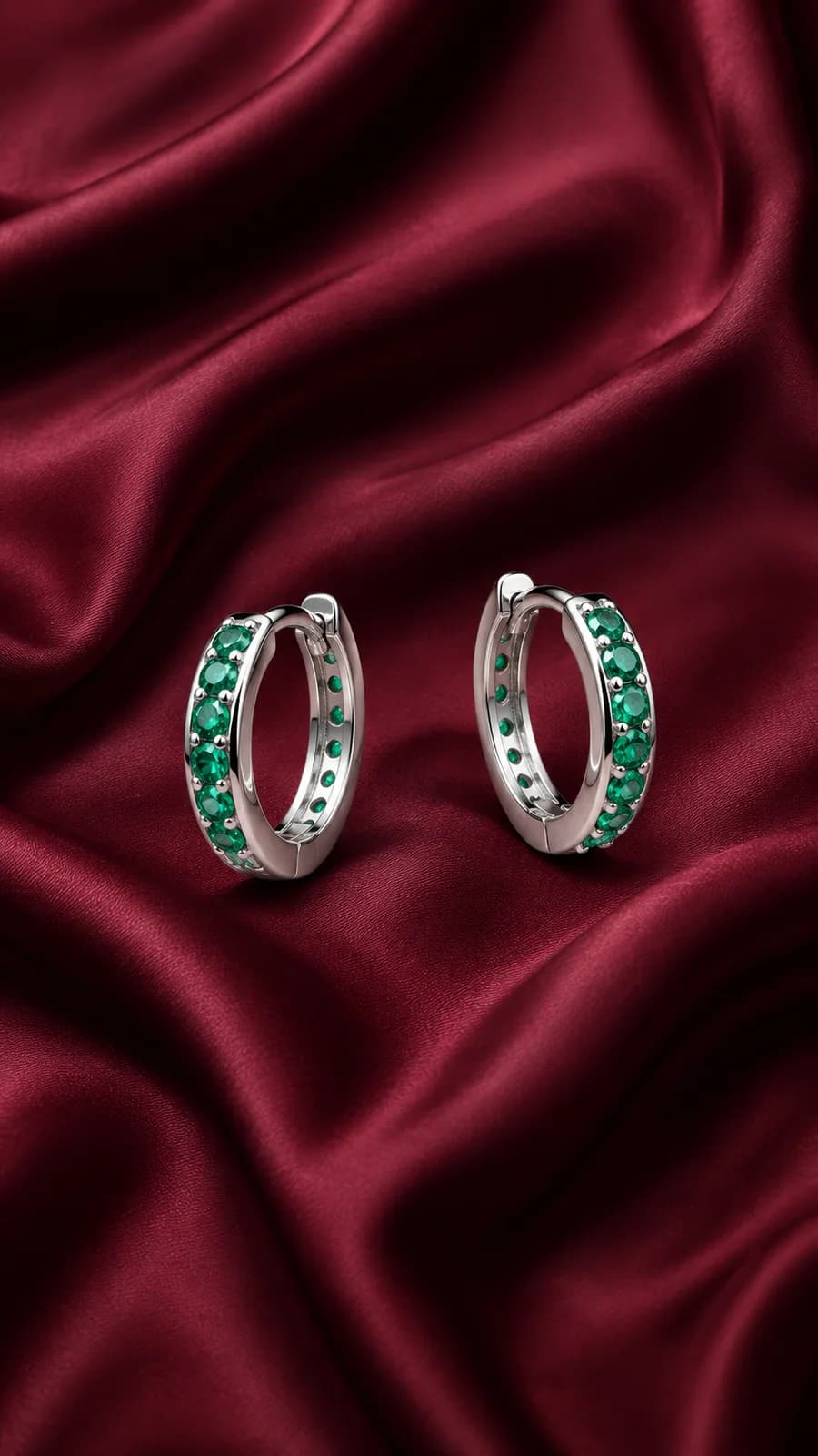 Silver Leaf & Green Stone Mini Hoops