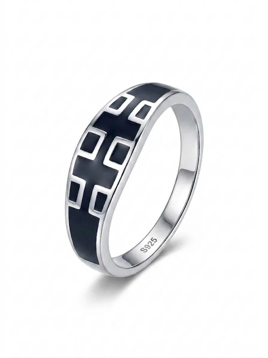 Silver Black Enamel Cross Pattern Band Ring