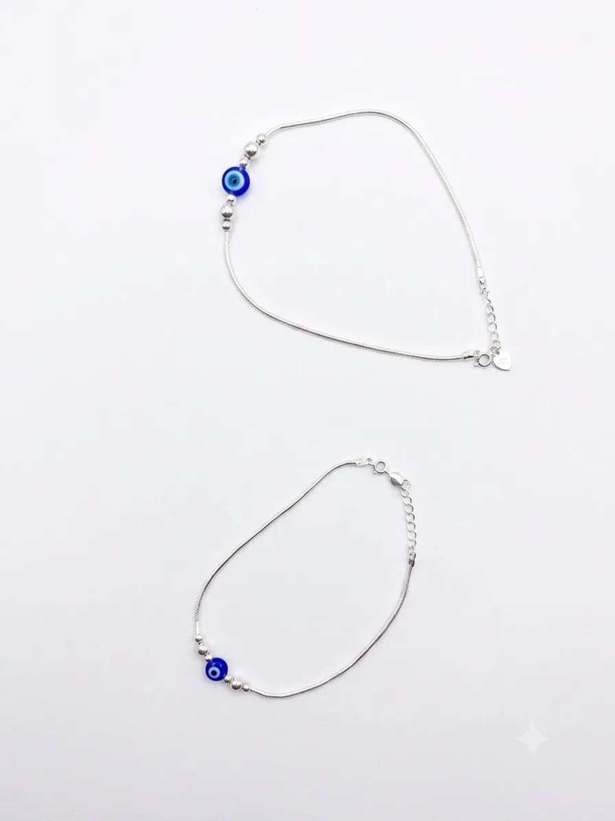 Single Evil Eye Silver Snake-Chain Anklets