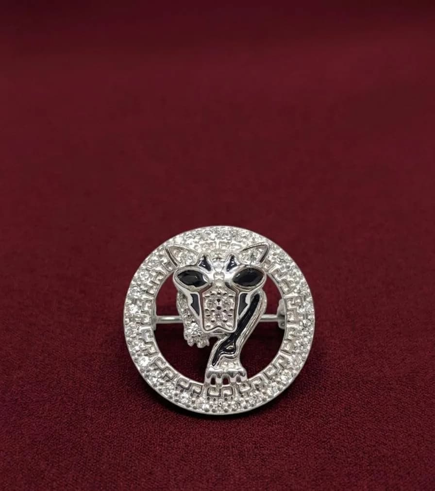 Silver Panther Head Circular Crystal Brooch Pin