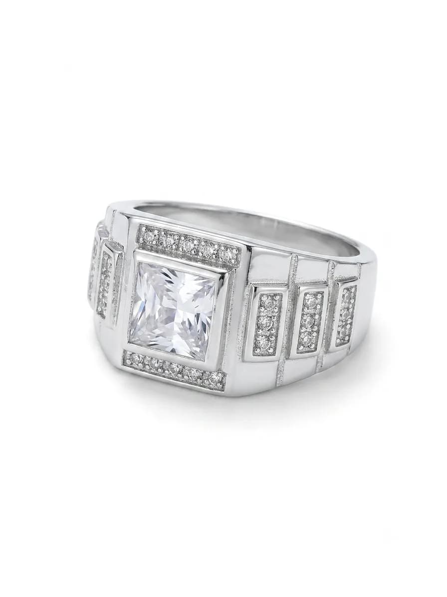 Silver Square CZ Pave Accent Statement Ring