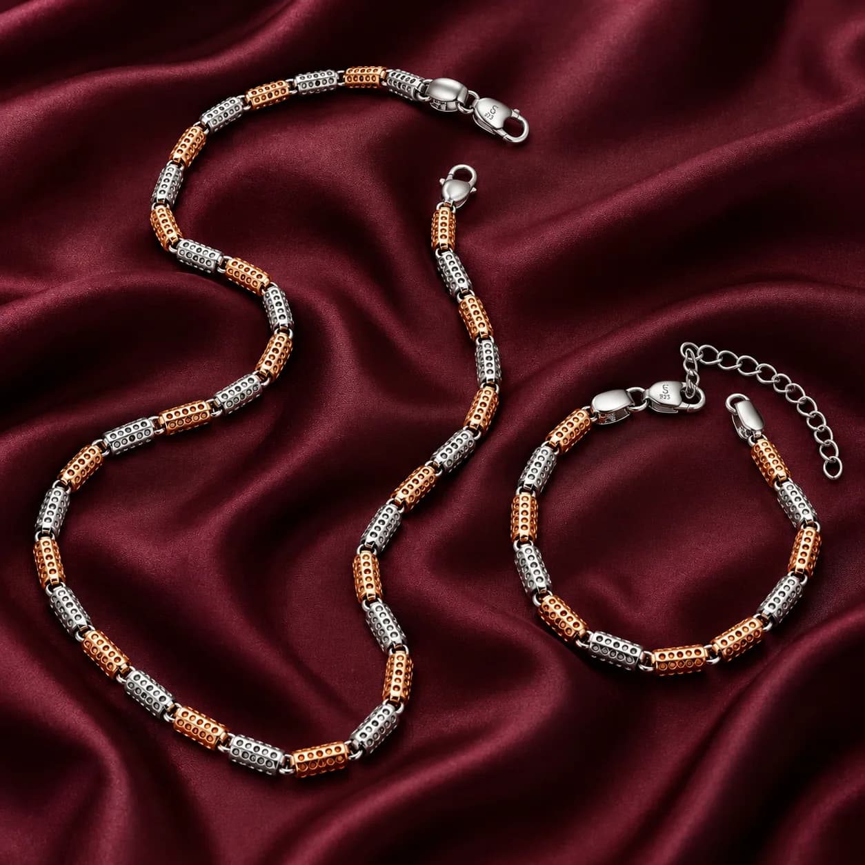 Men’s Two-Tone 925 Sterling Silver Chain & Bracelet Set