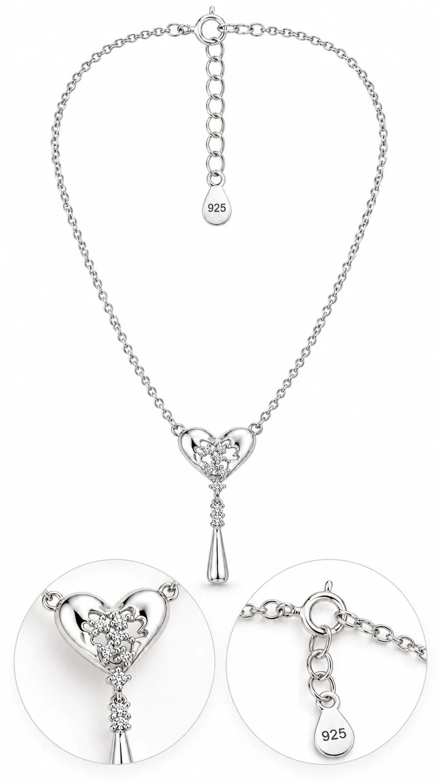 Silver Heart Crystal Drop pandent chain