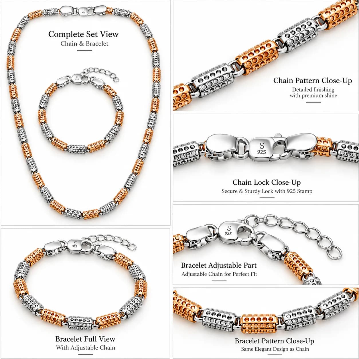 Men’s Two-Tone 925 Sterling Silver Chain & Bracelet Set