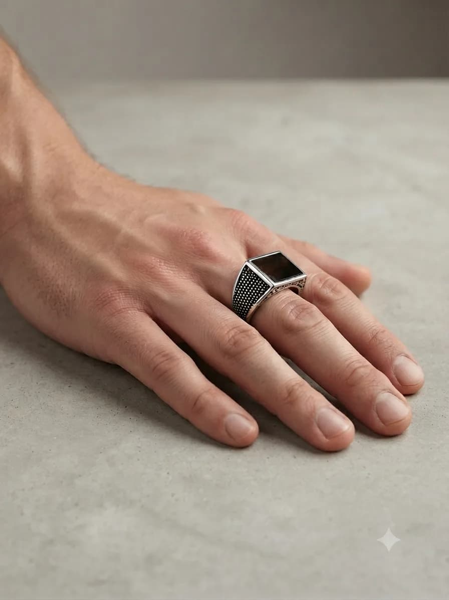 Silver Onyx Geometric Statement Ring