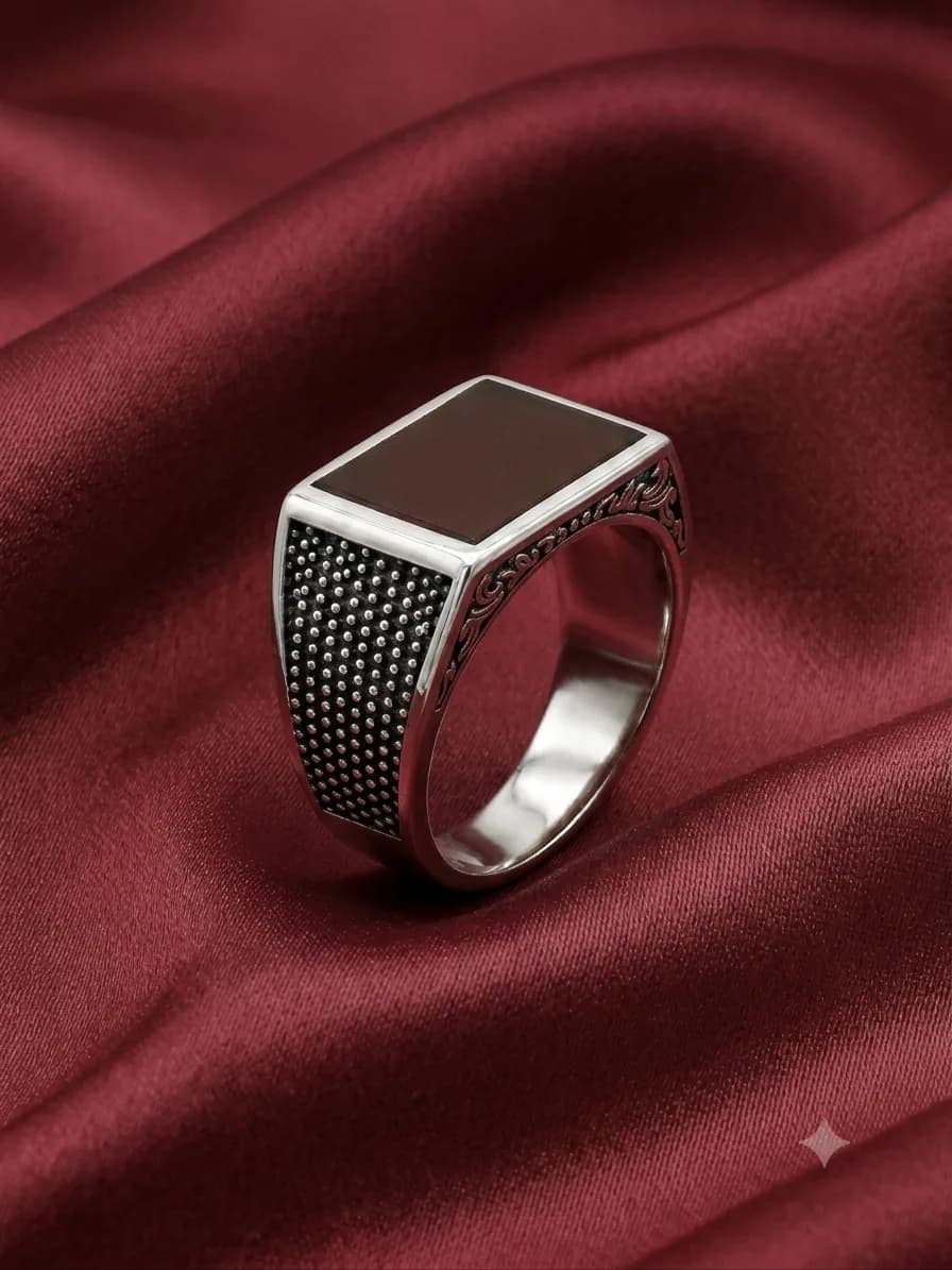 Silver Onyx Geometric Statement Ring