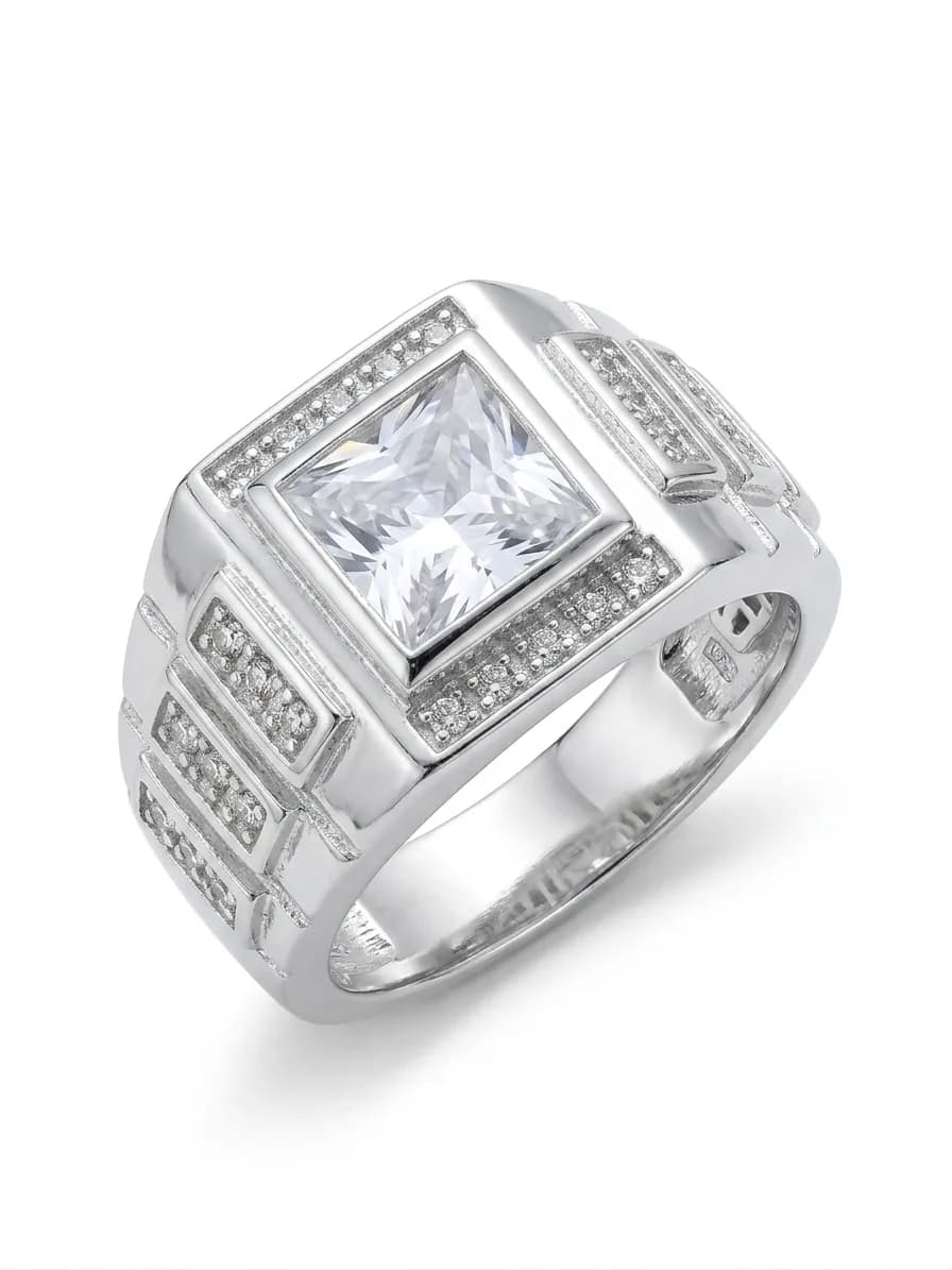 Silver Square CZ Pave Accent Statement Ring