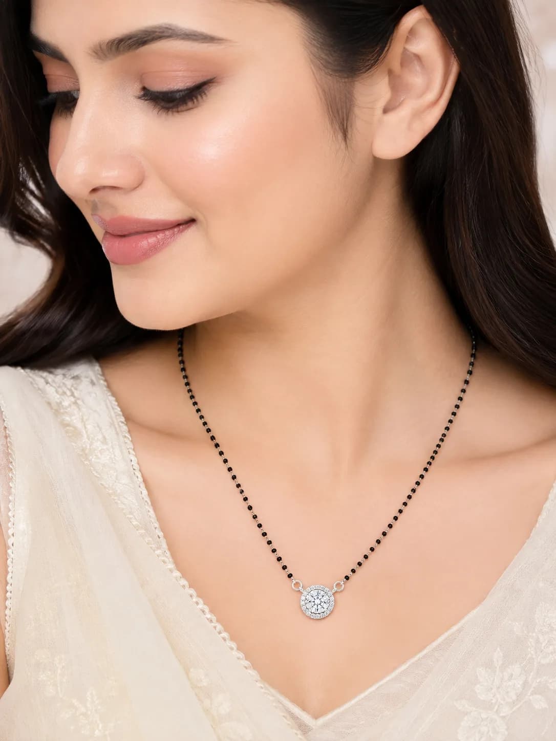 Radiant Round Solitaire 925 Sterling Silver Mangalsutra