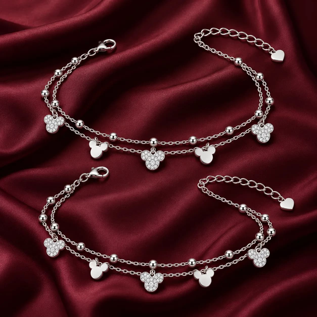 Silver Double-Layer Mickey Charm Anklet