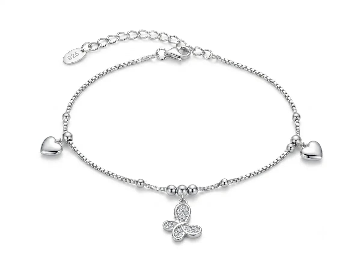 Silver 925 Butterfly & Hearts Charm Anklet