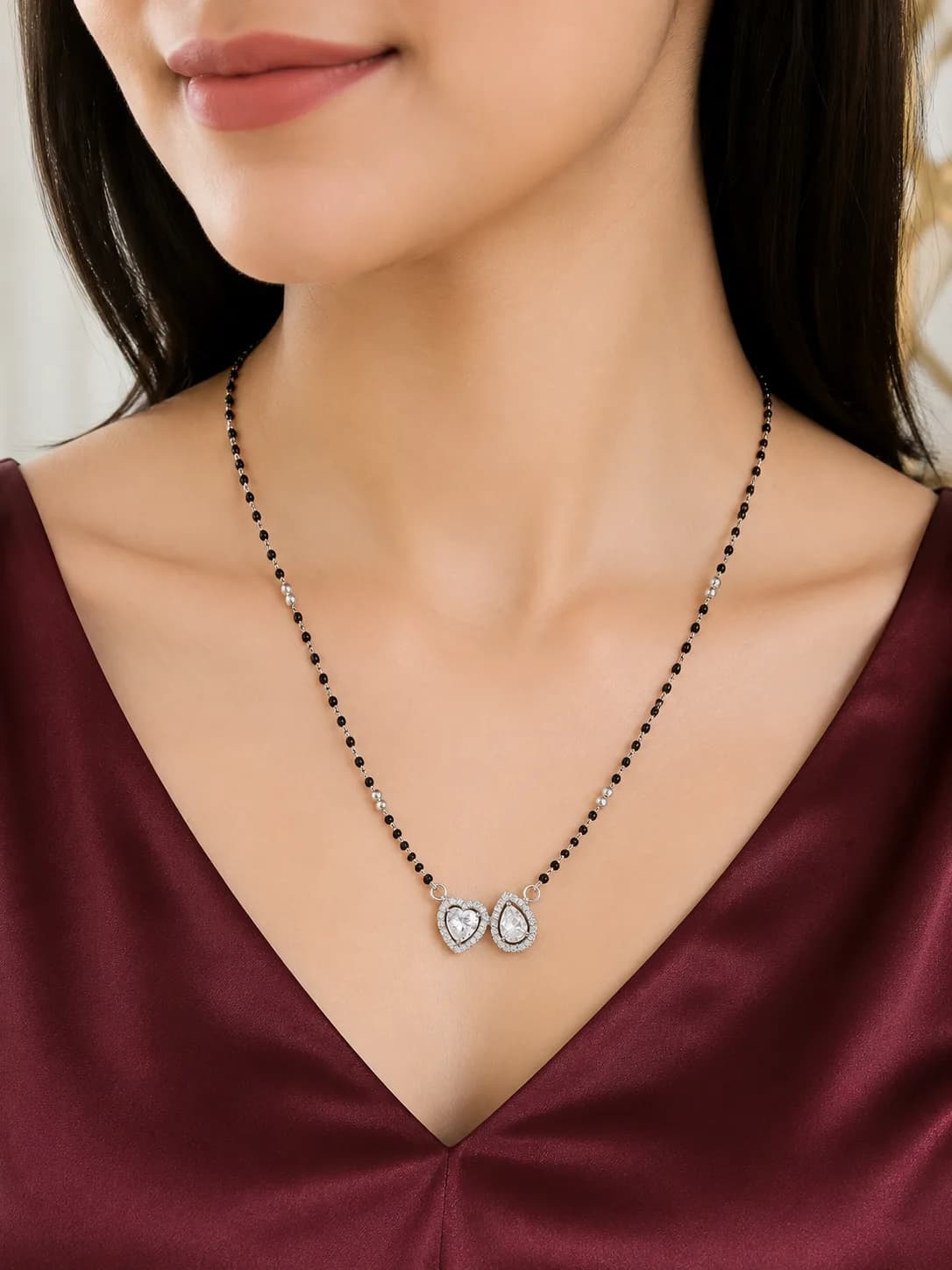 Double Heart Teardrop 925 Sterling Silver Mangalsutra