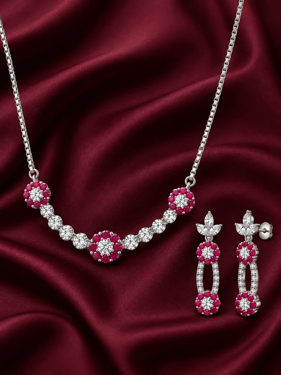 Silver Ruby Bloom Pendant Set