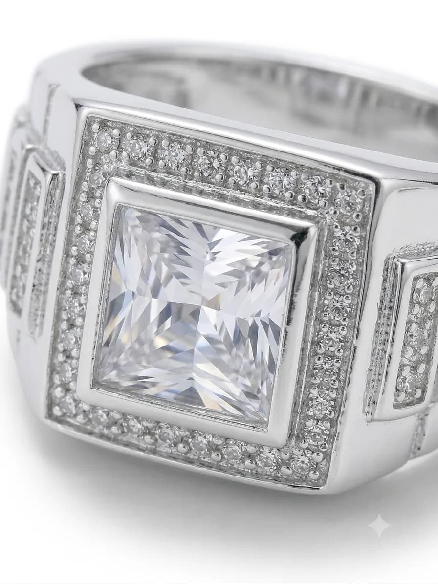 Silver Square CZ Pave Accent Statement Ring