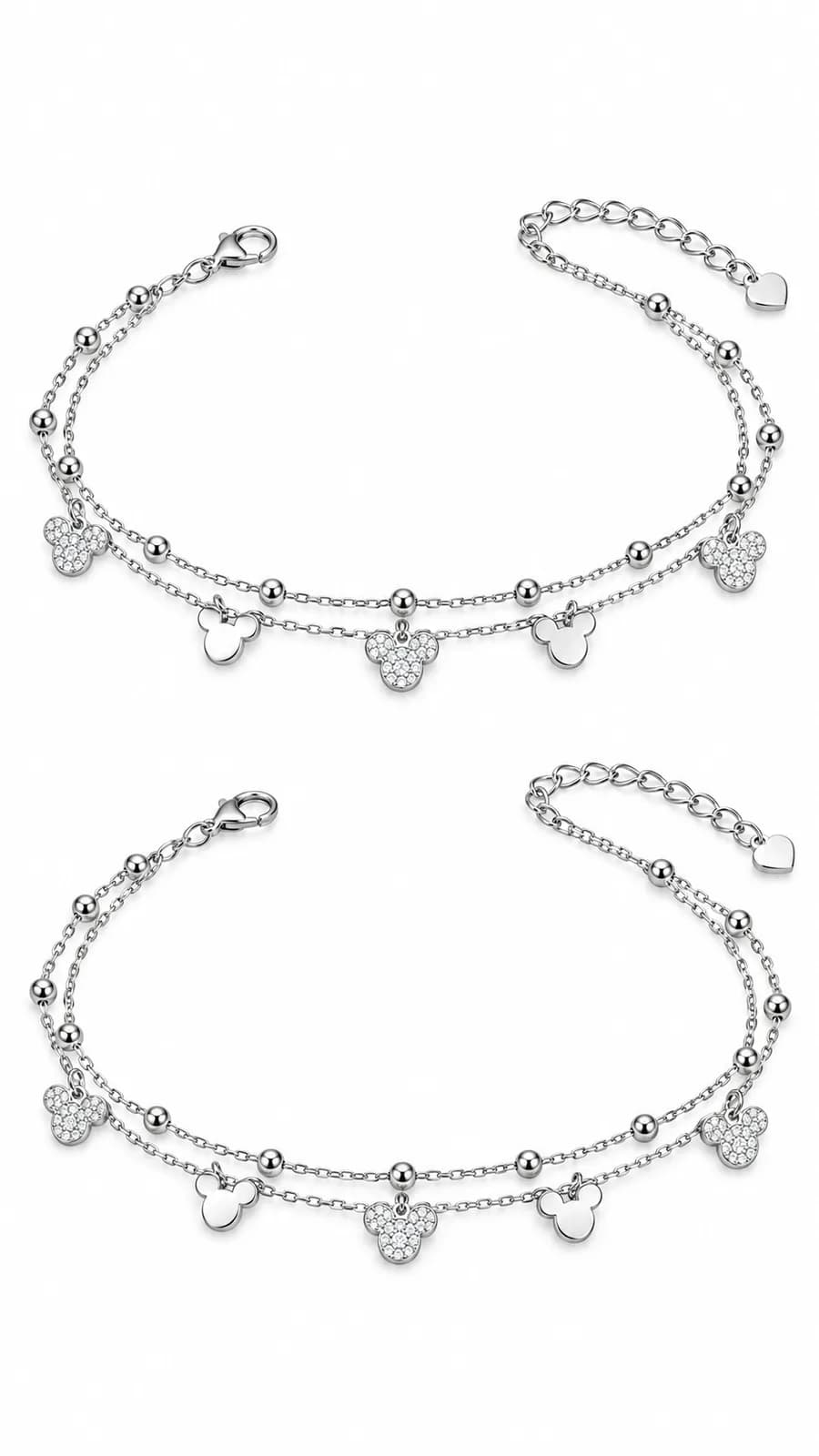 Silver Double-Layer Mickey Charm Anklet