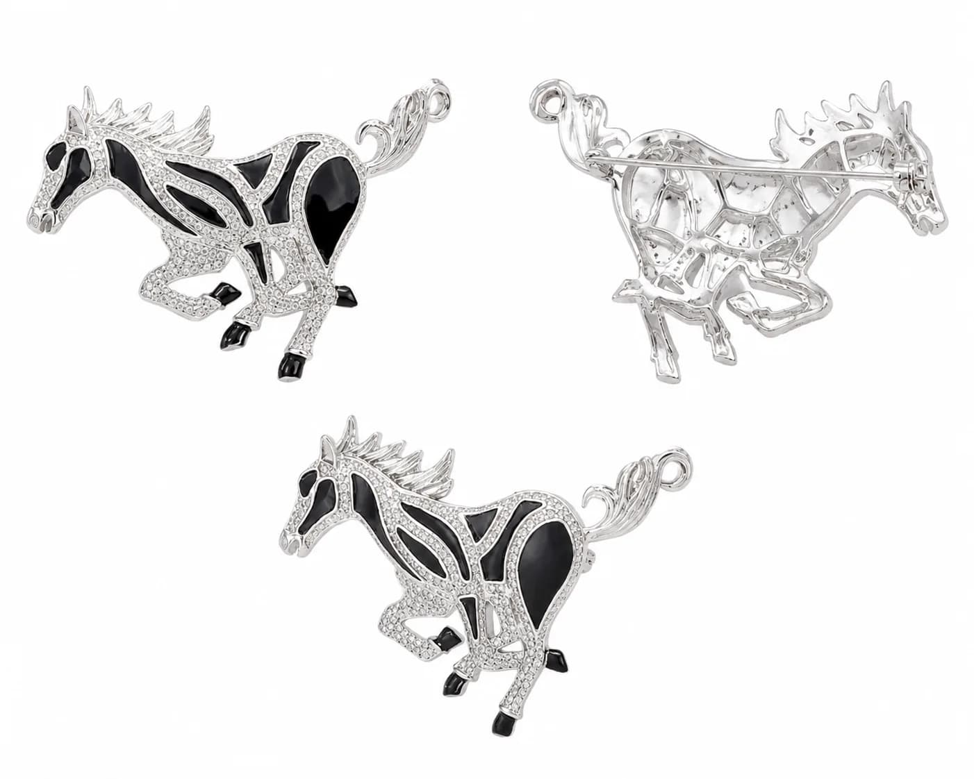 Elegant Black Enamel Horse Brooch