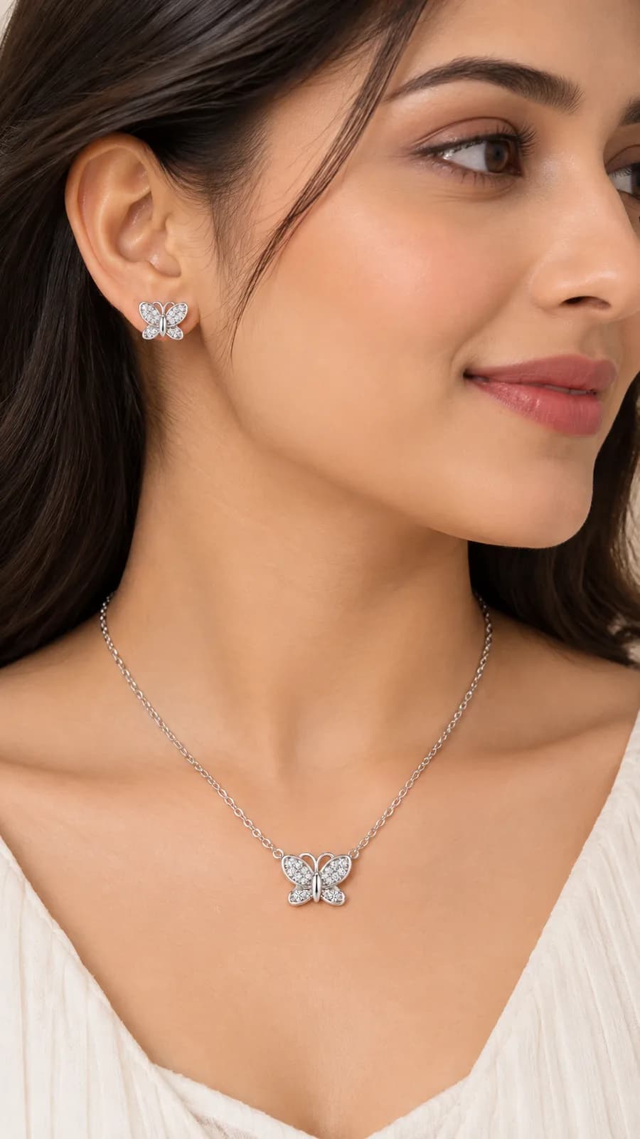 Silver Butterfly Pendant chain with earing