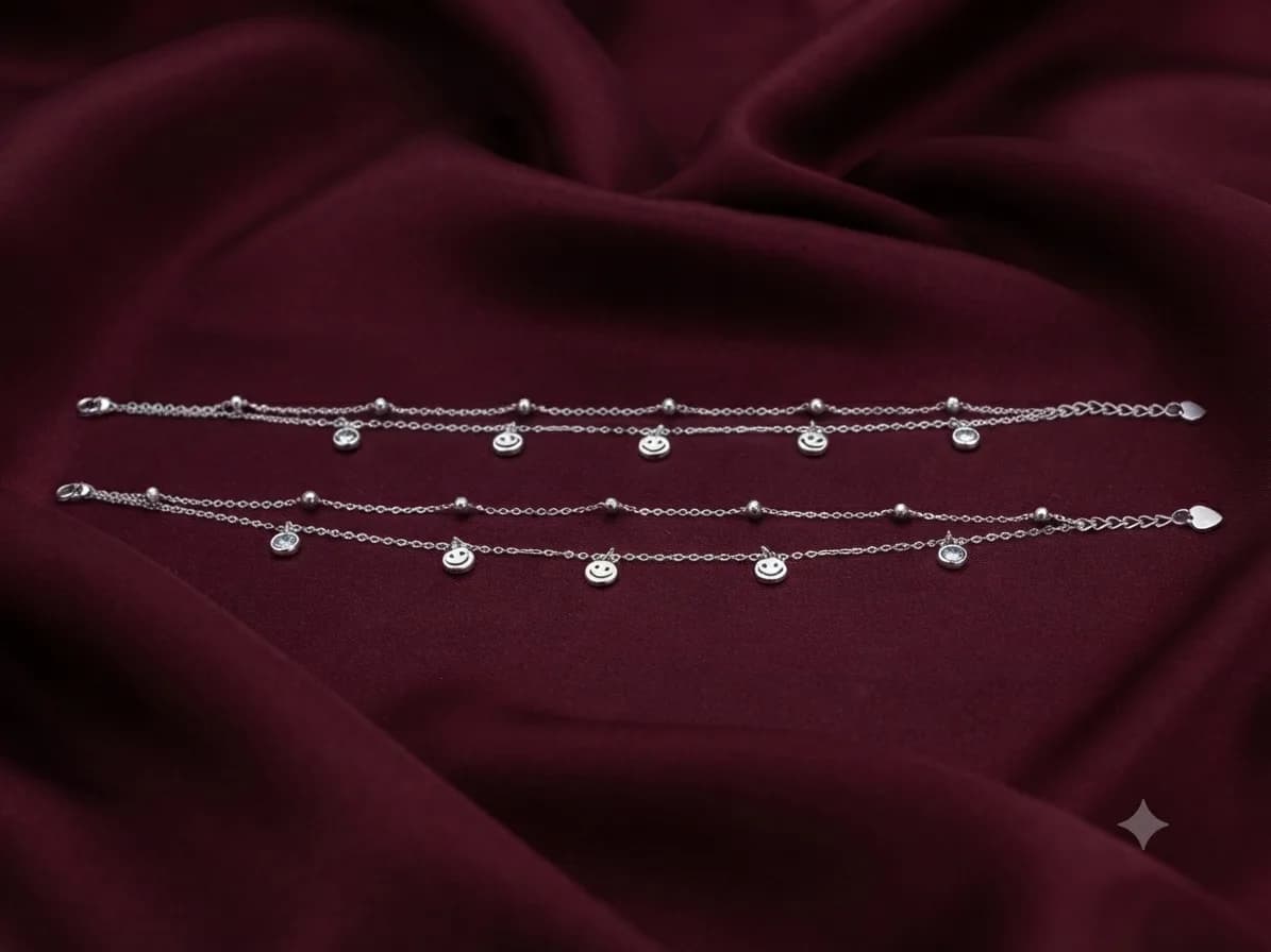 Silver Double-Layer Smiley Charm Anklet