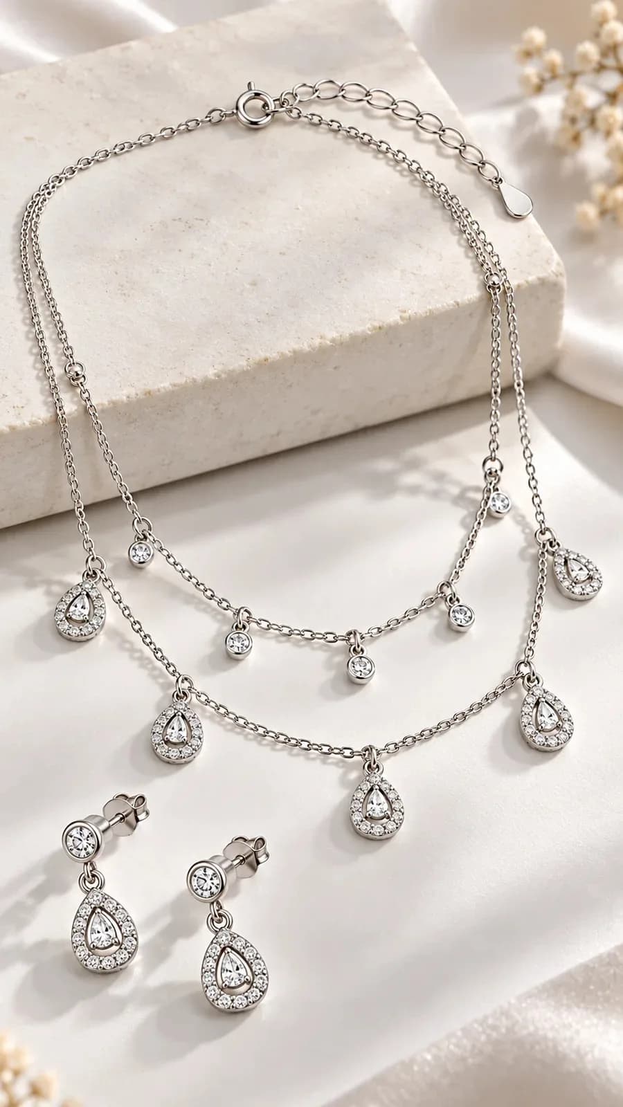 Double-Layer Teardrop CZ Necklace Set