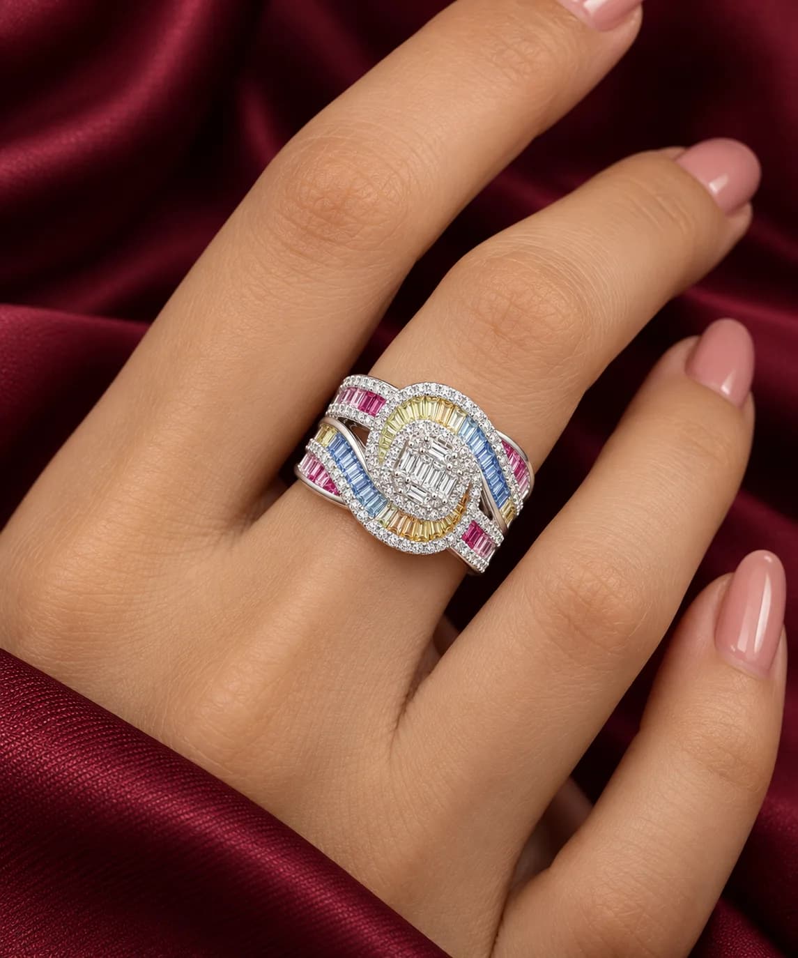 Sterling Silver Multicolor Baguette Statement Ring