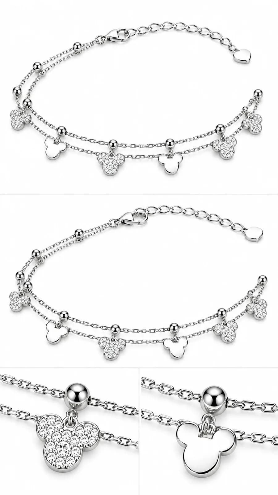 Silver Double-Layer Mickey Charm Anklet