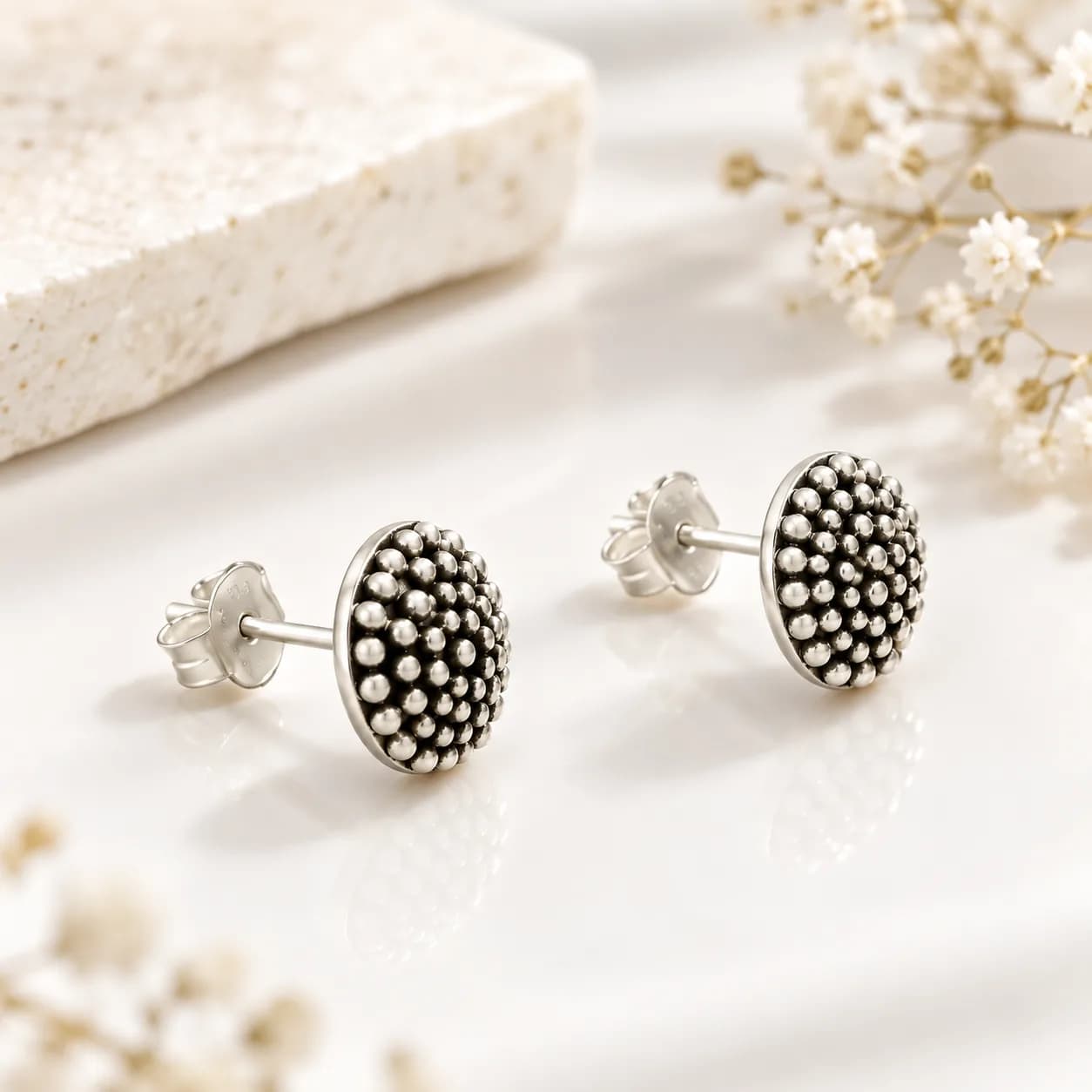 Beaded Dome Sterling Silver Stud Earrings