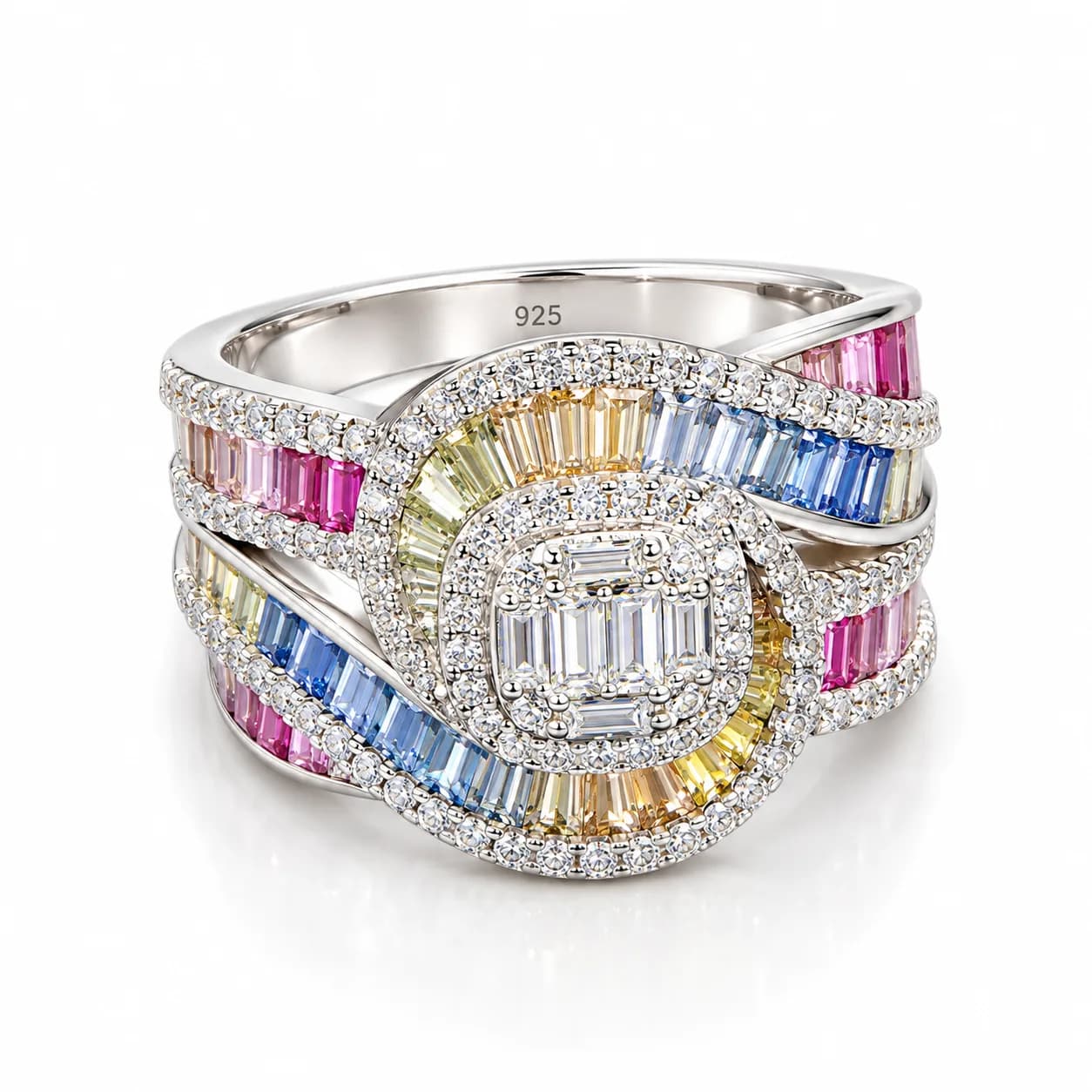 Sterling Silver Multicolor Baguette Statement Ring