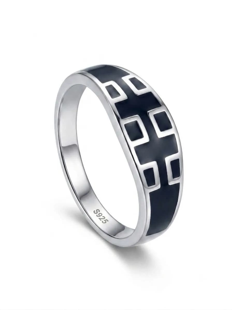 Silver Black Enamel Cross Pattern Band Ring