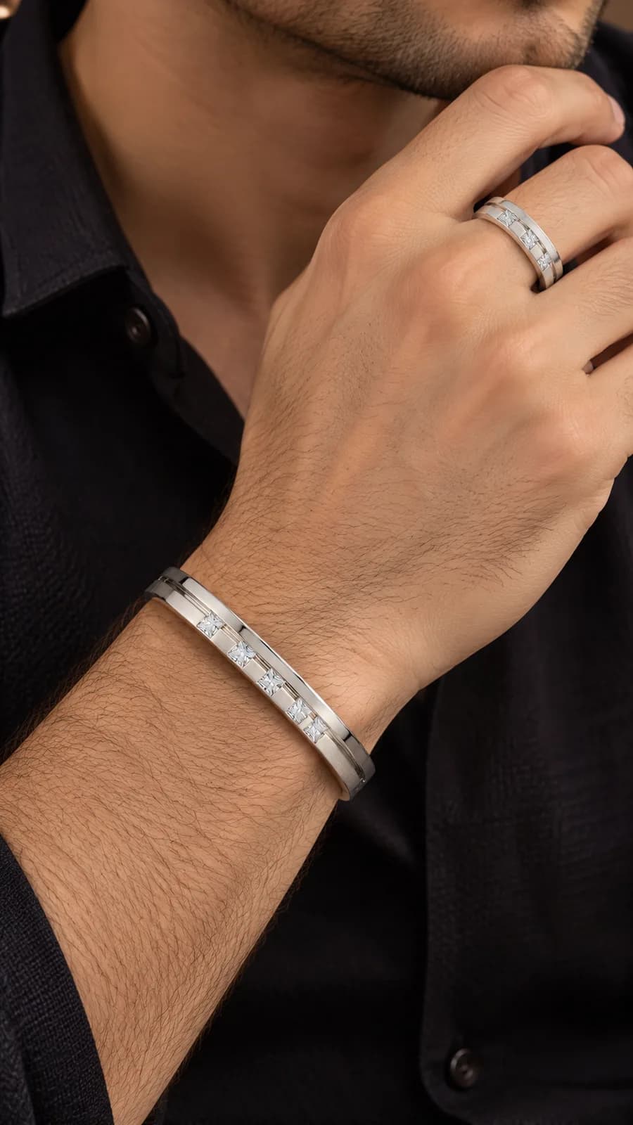 Classic Square-Cut Sterling Silver Bracelet & Ring Set