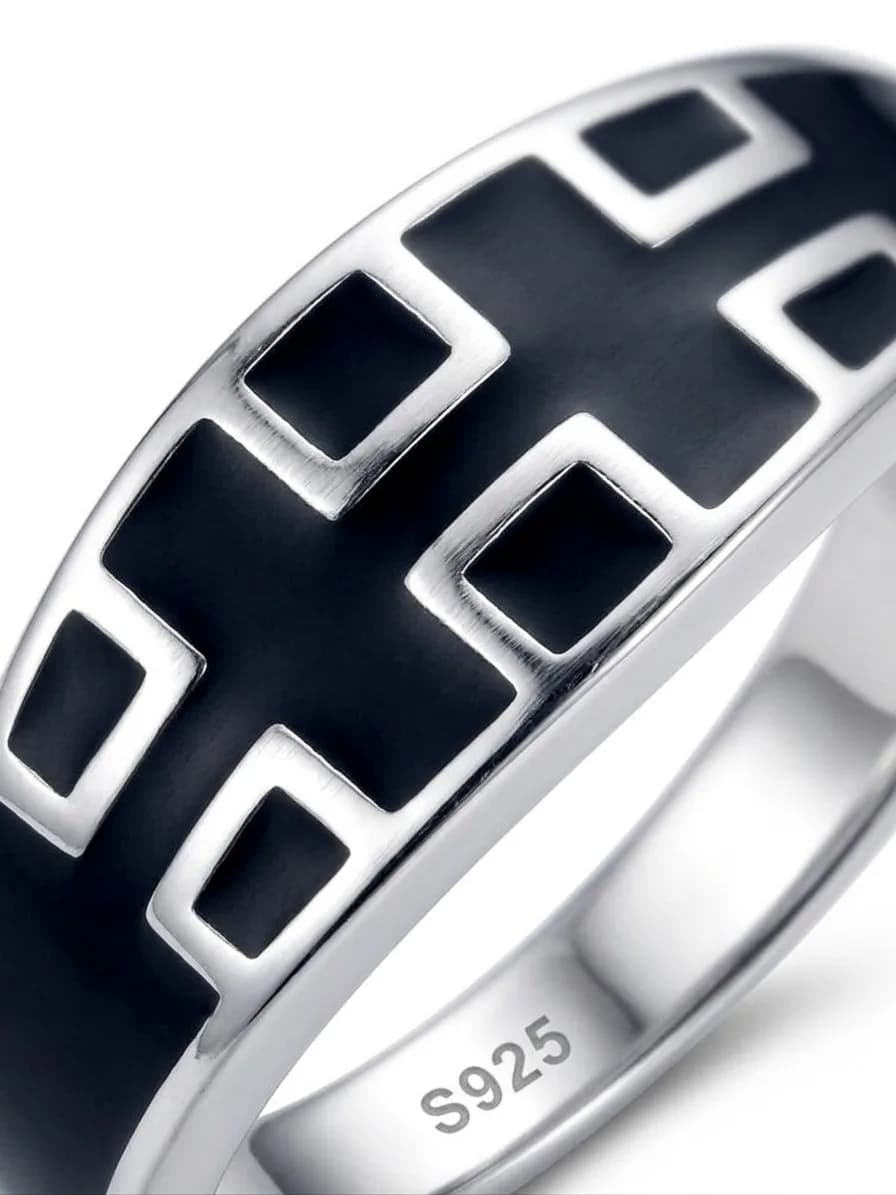Silver Black Enamel Cross Pattern Band Ring