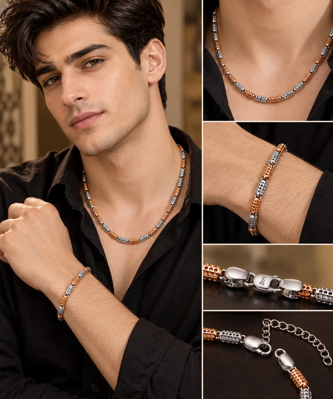 Men’s Two-Tone 925 Sterling Silver Chain & Bracelet Set