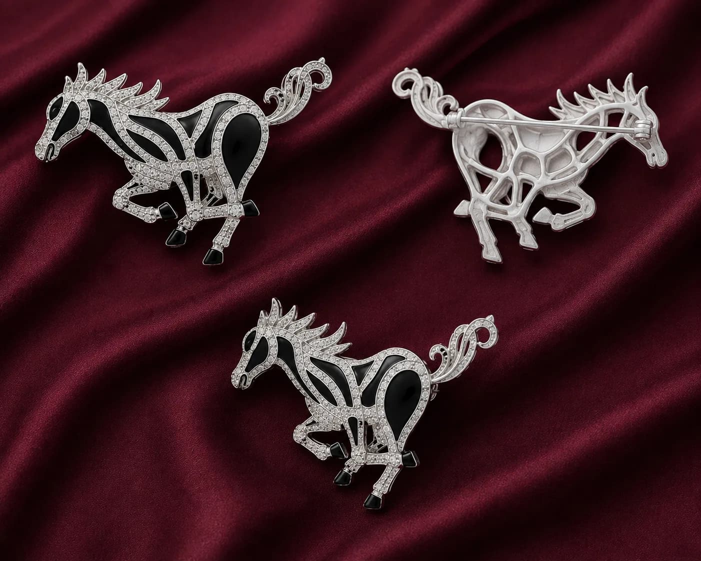Elegant Black Enamel Horse Brooch