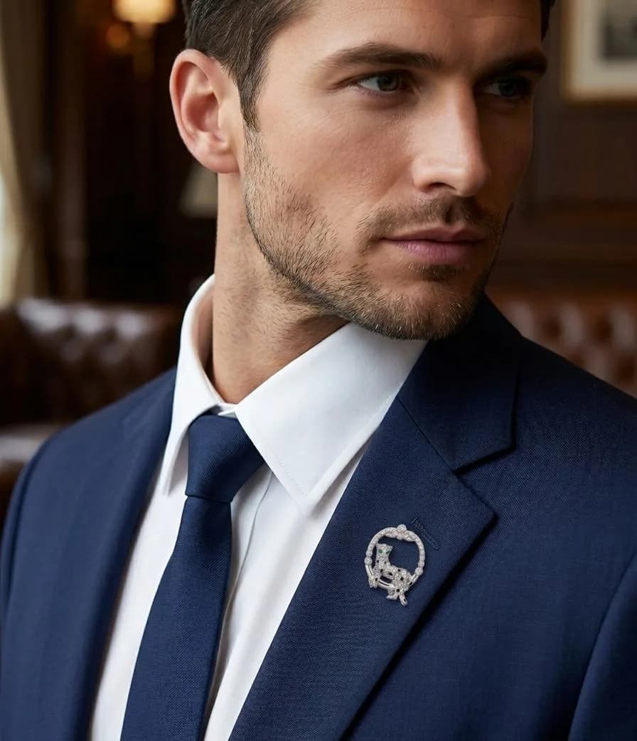Diamond & Emerald Panther Hoop Brooch (Lapel Pin)
