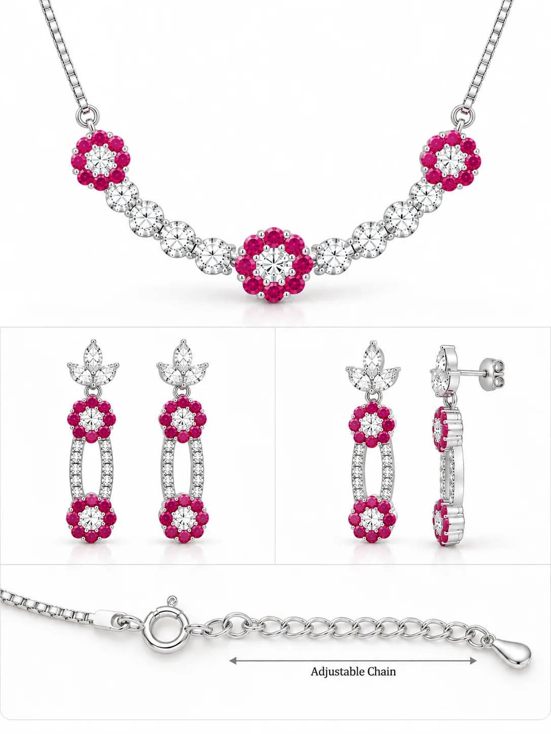 Silver Ruby Bloom Pendant Set