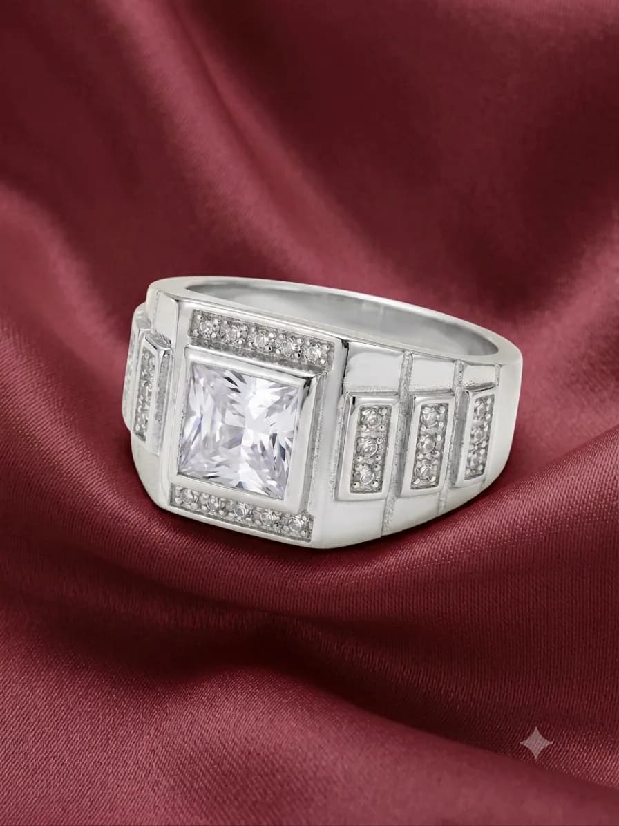 Silver Square CZ Pave Accent Statement Ring