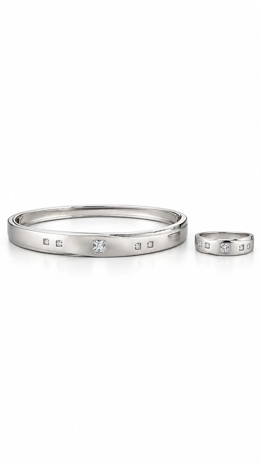 Classic Square-Cut Stonr Silver Bracelet & Ring Set