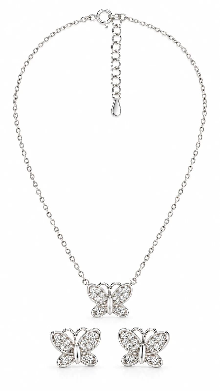 Silver Butterfly Pendant chain with earing